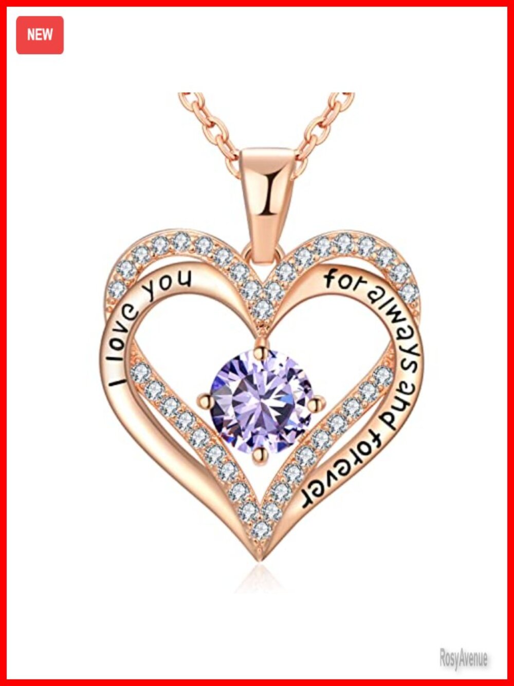 18K Rose Gold Plated Heart Pendant Necklace Cubic Zirconia Love Gift